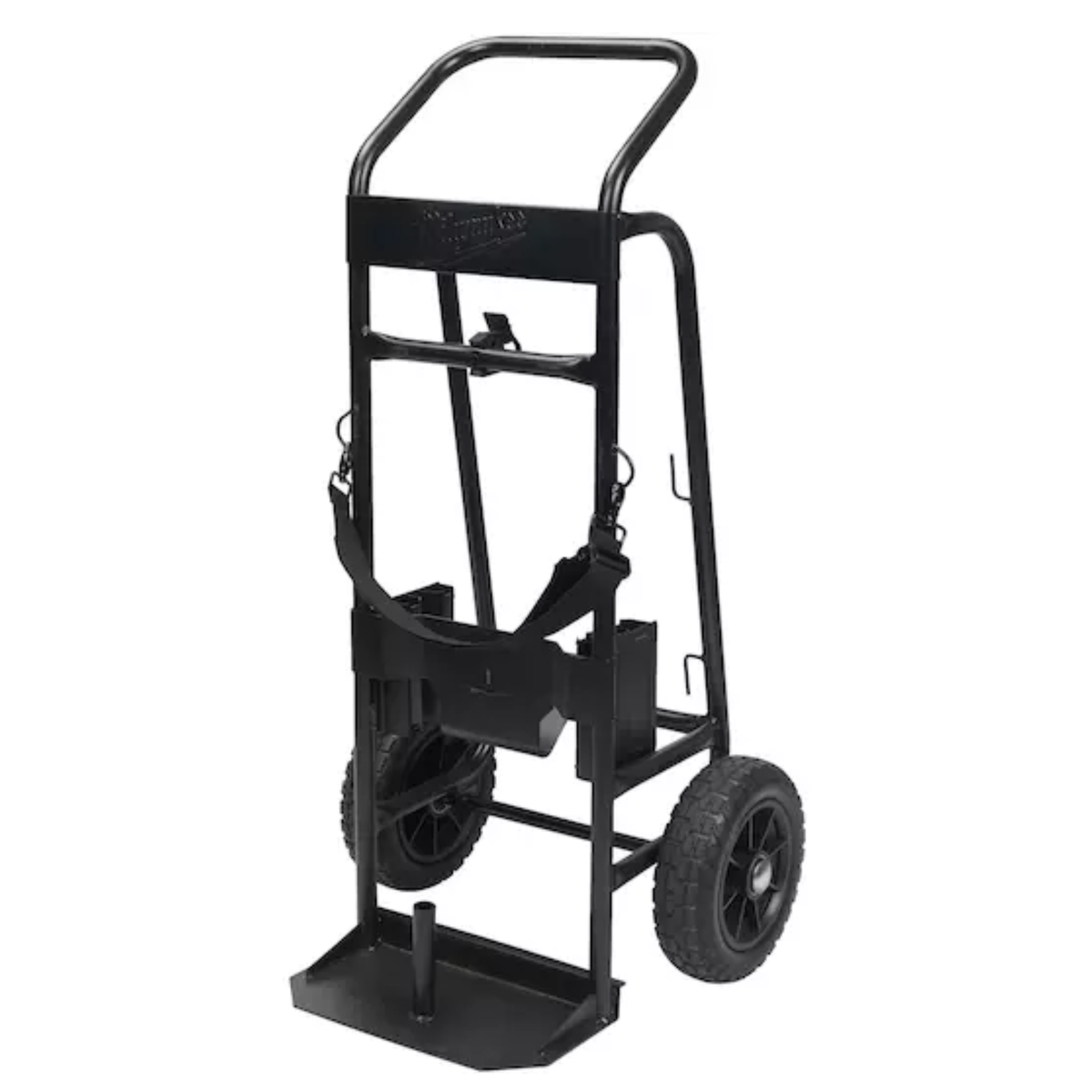 Black hand truck with wheels on a white background