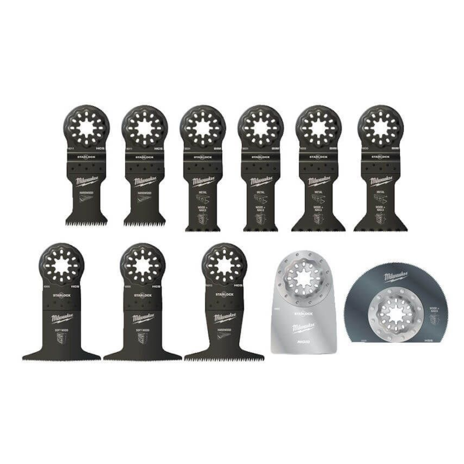 Set of Milwaukee oscillating tool blades on a white background