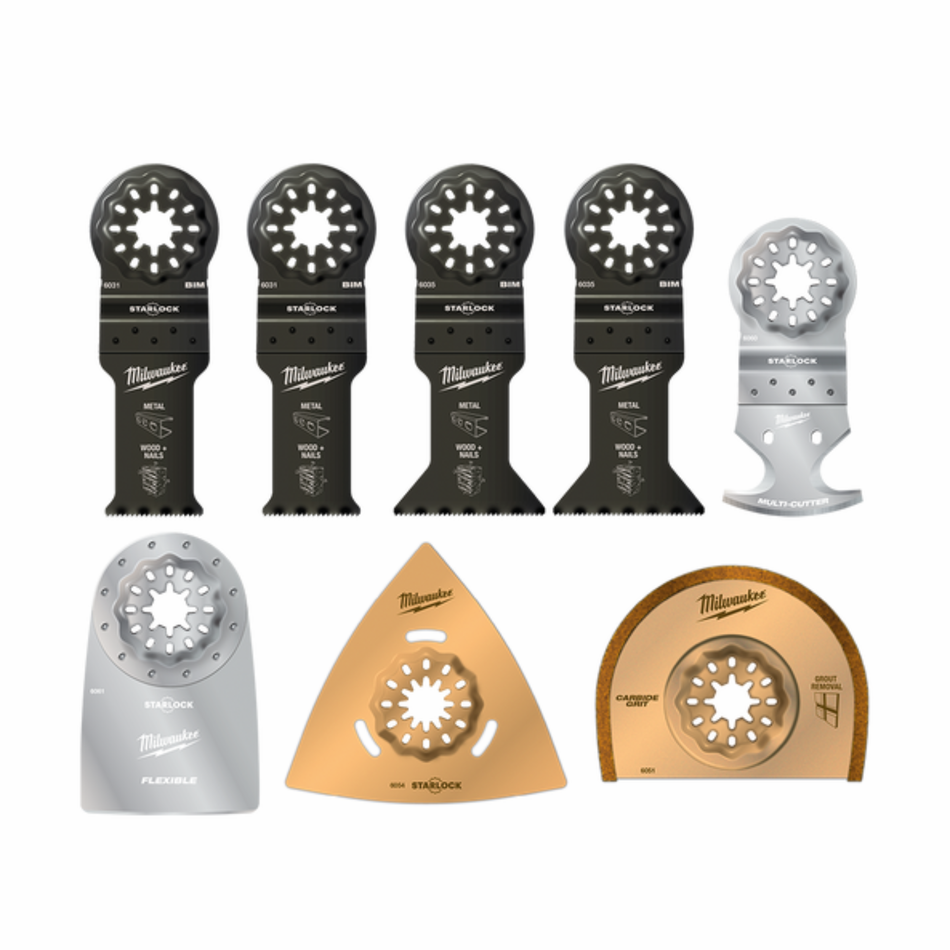 Set of Milwaukee oscillating tool blades on a white background