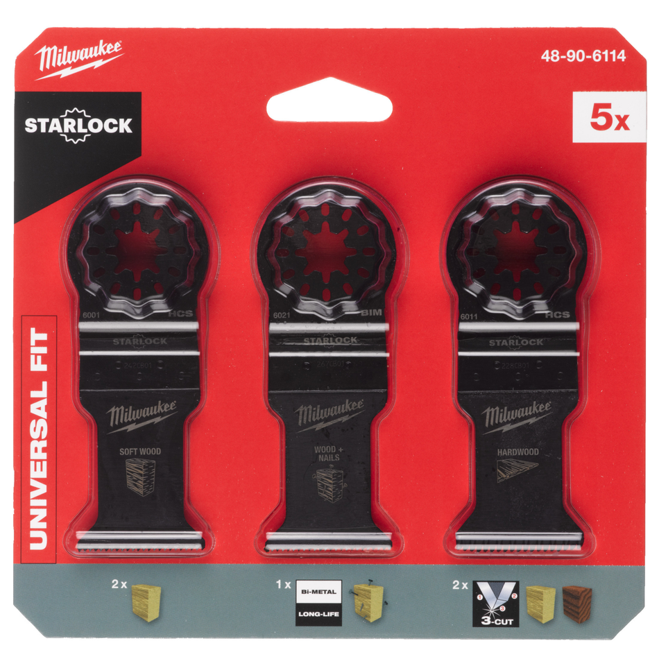 Packaging of Milwaukee Starlock oscillating tool blades with red background