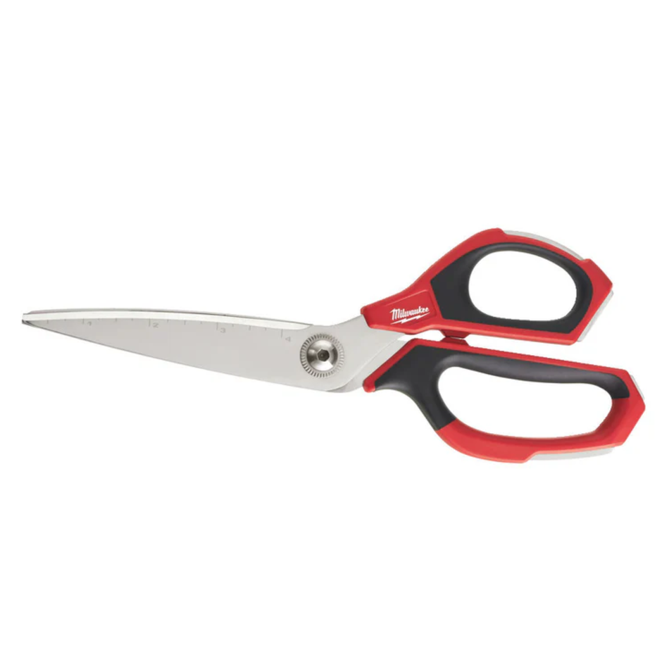 Pair of Milwaukee scissors with red and black handles on a white background