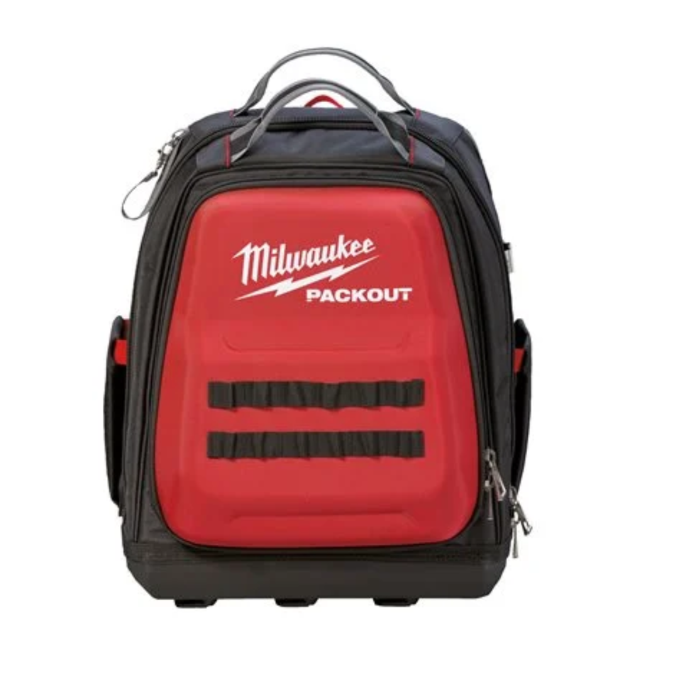Red and black Milwaukee tool backpack on a white background