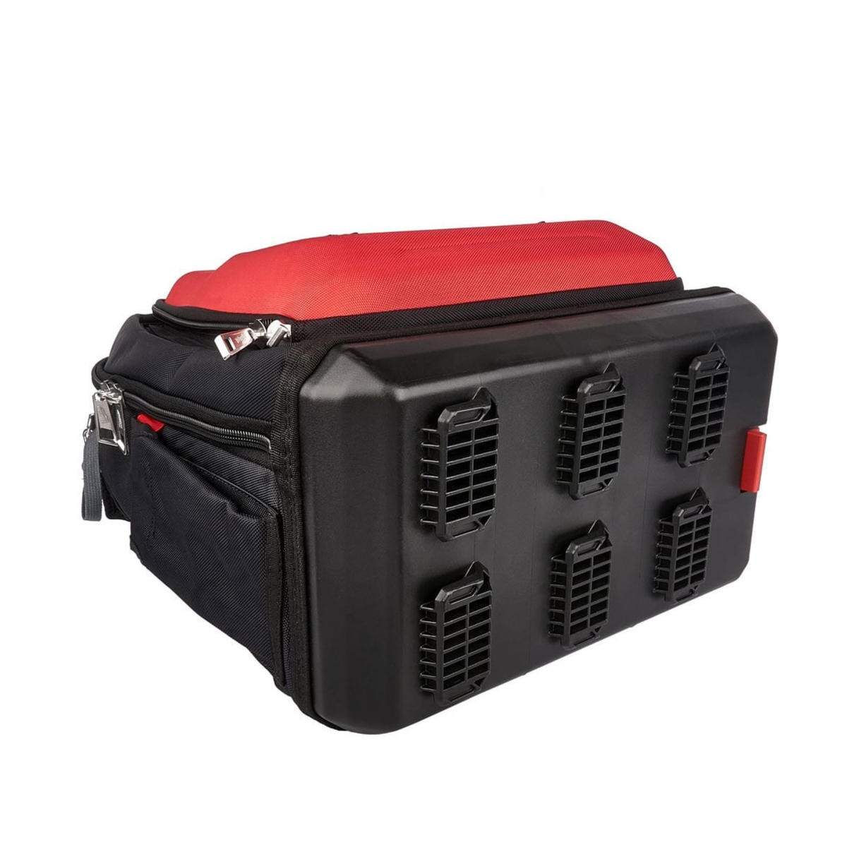 A black hard-shell carrying case with a red top lid, shown on a plain white background. The case features multiple black vent-like grilles on the front face and a red side tab.