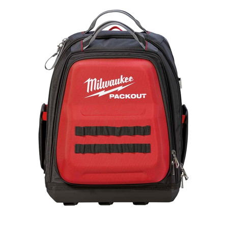 Milwaukee PACKOUT backpack in red and black with a white Milwaukee PACKOUT logo on the front pocket, shown against a plain white background.