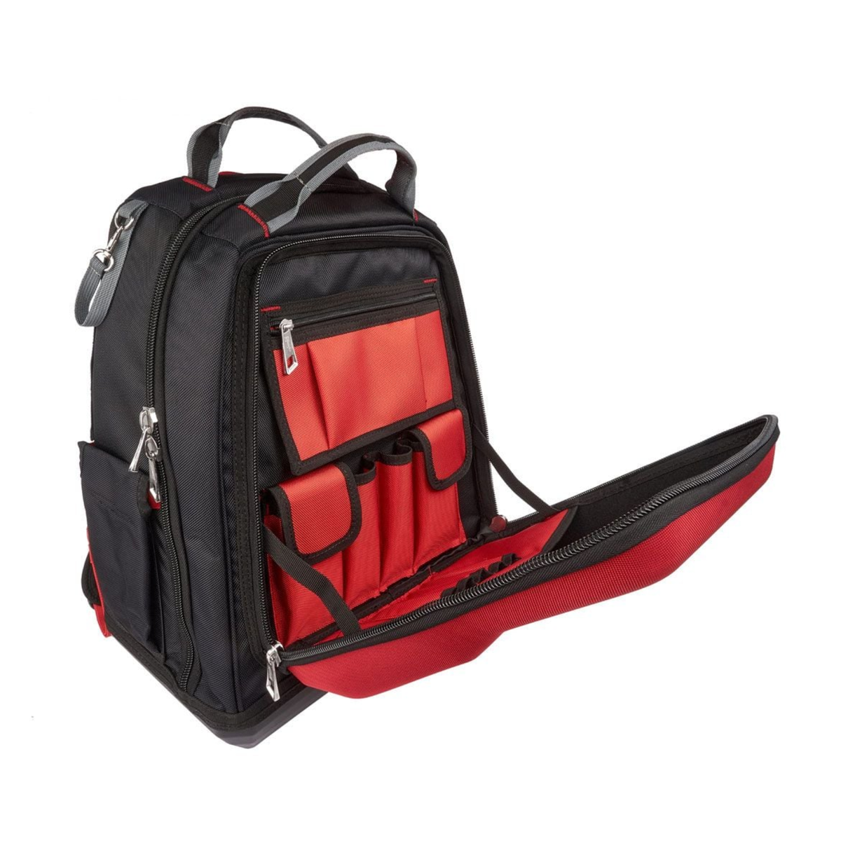 A black and red laptop backpack shown open, displaying its interior organization, zippered compartments, and padded laptop sleeve on a white background.