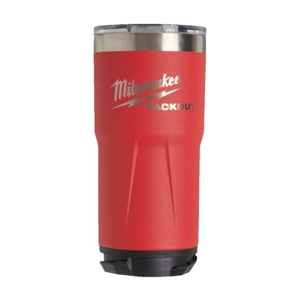 Red Milwaukee tumbler with silver lid on a white background