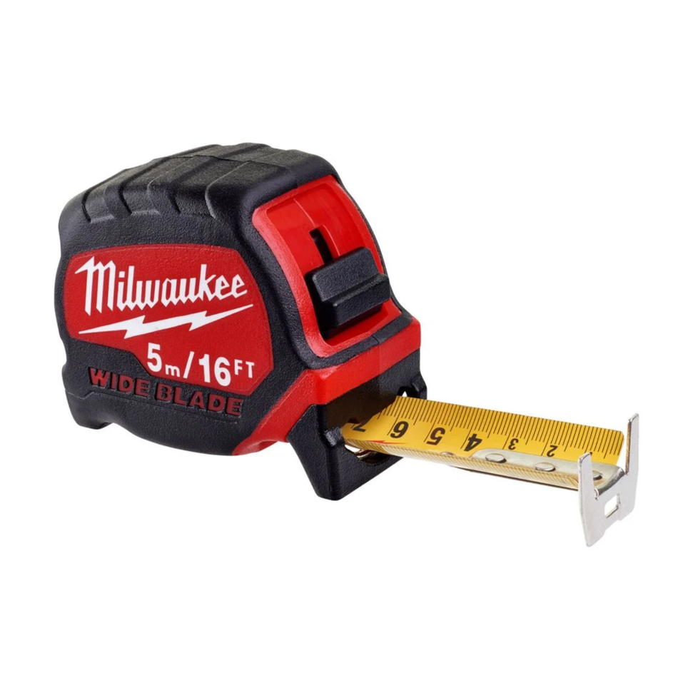 Milwaukee tape measure with red and black casing on a white background