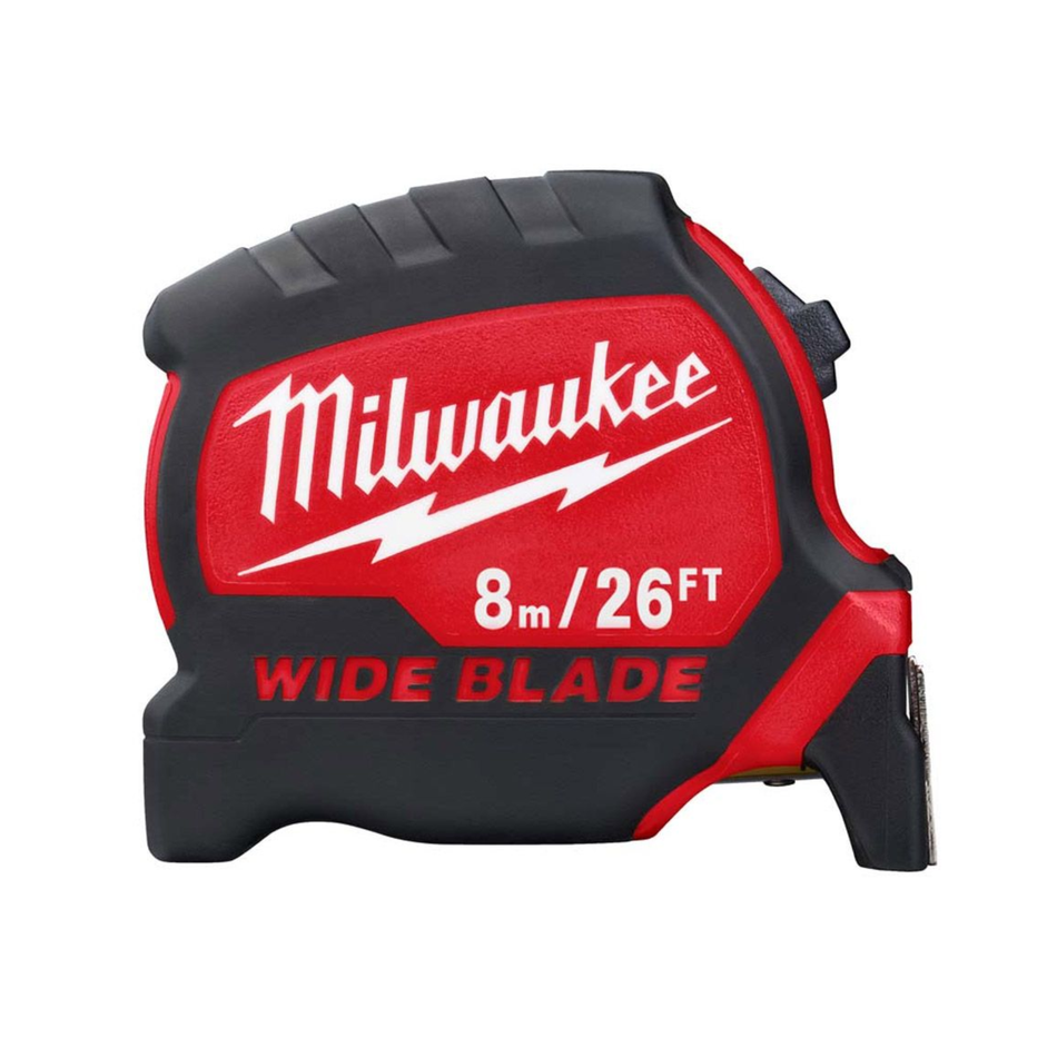 Milwaukee tape measure with red and black design on a white background