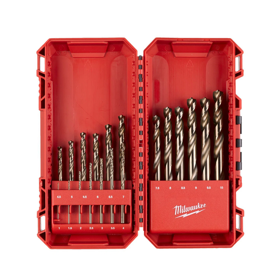 Set of drill bits in a red Milwaukee tool case on a white background