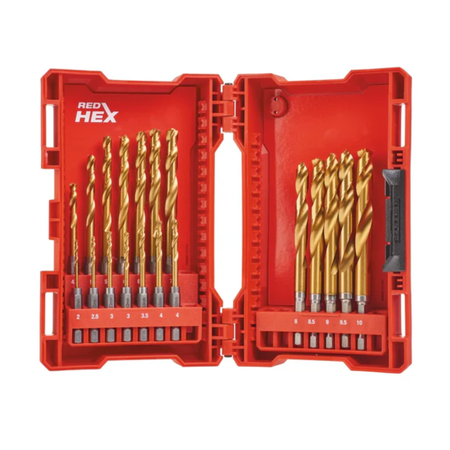 Red HEX drill bit set in a red case on a white background