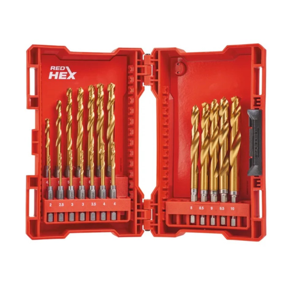 Red HEX drill bit set in a red case on a white background