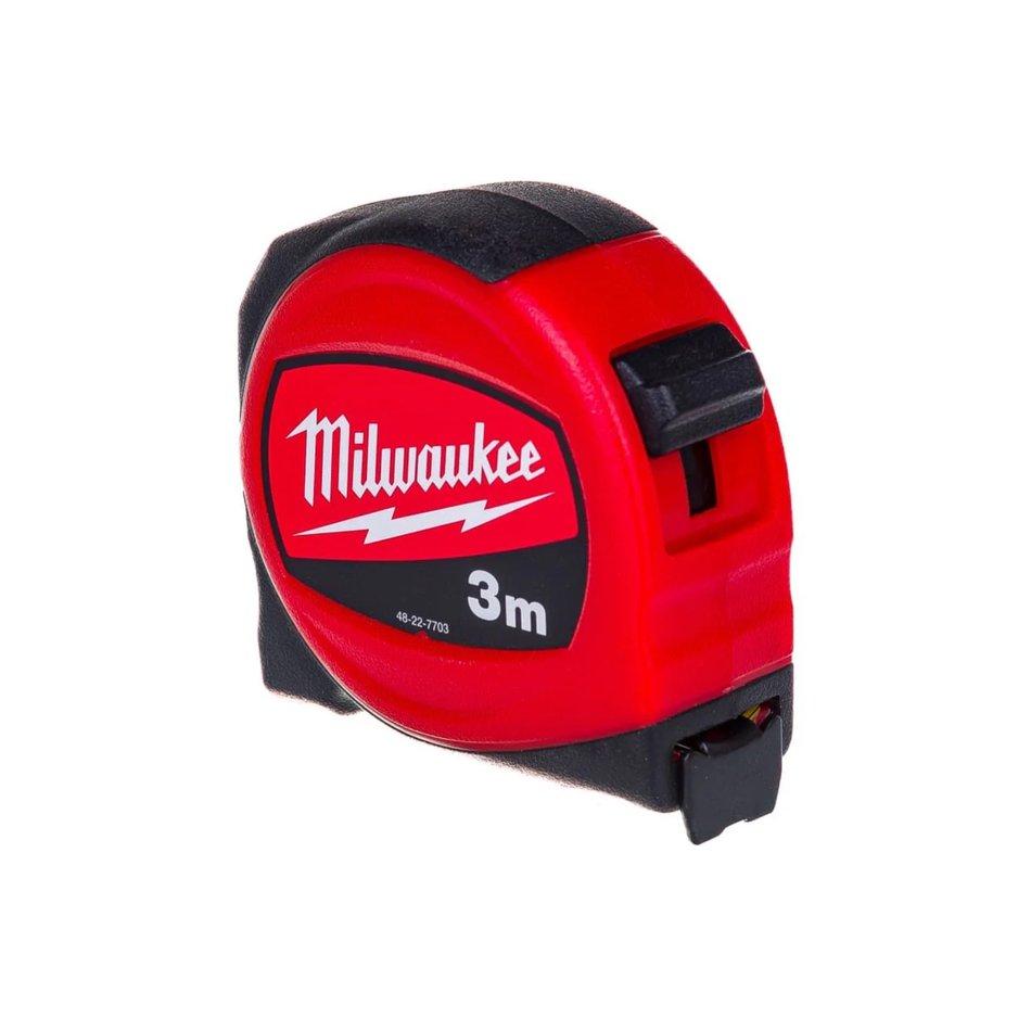 Red Milwaukee tape measure on a white background