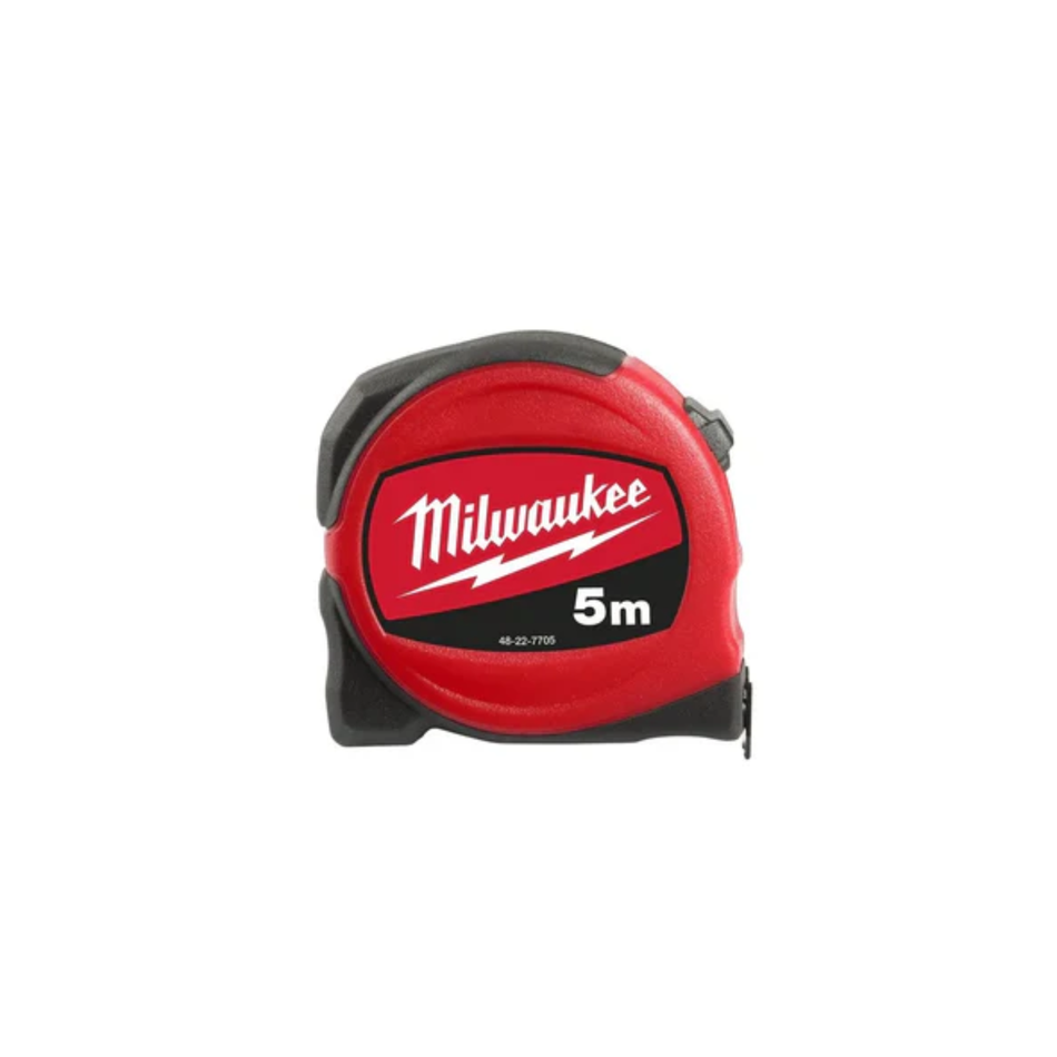 Red Milwaukee tape measure on a white background