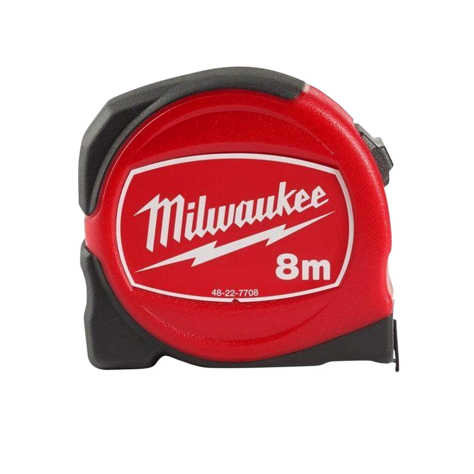 Red Milwaukee tape measure on a white background