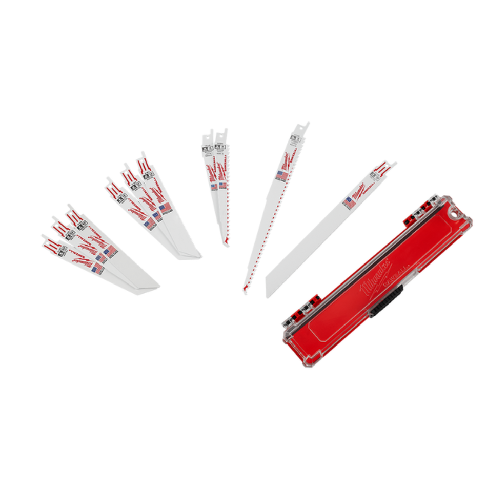 Milwaukee 6-in-1 reciprocating saw bit set with a red carrying case, shown on a clean white background.