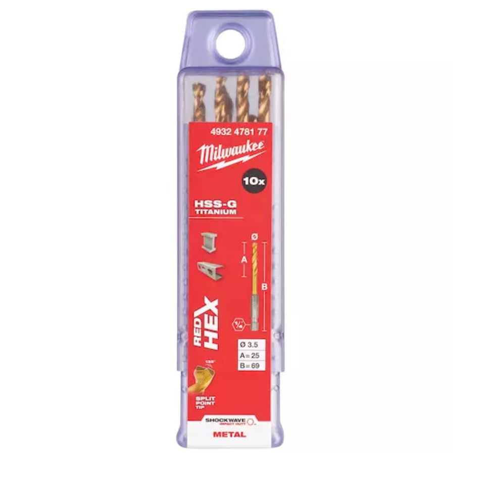 Milwaukee 10-piece HSS-Q Titanium Drilled Bit set in a clear plastic case with a red and white label and a purple plastic cap, on a white background.