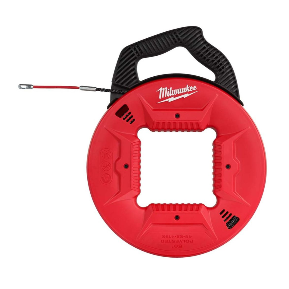 Red Milwaukee reel with black handle on a white background