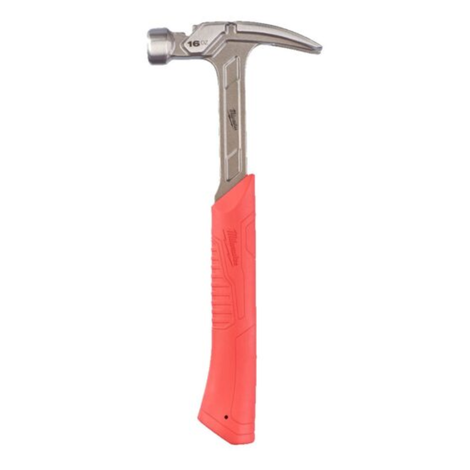 Hammer with a red handle on a white background