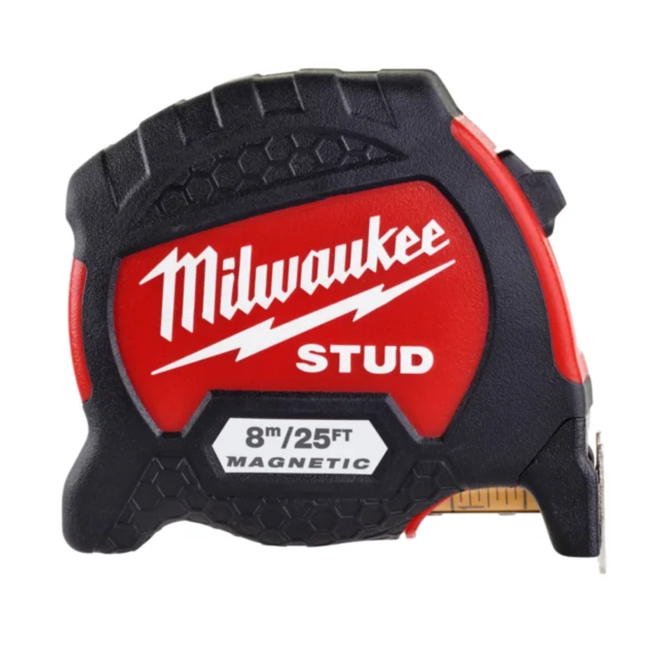 Milwaukee tape measure with red and black design on a white background