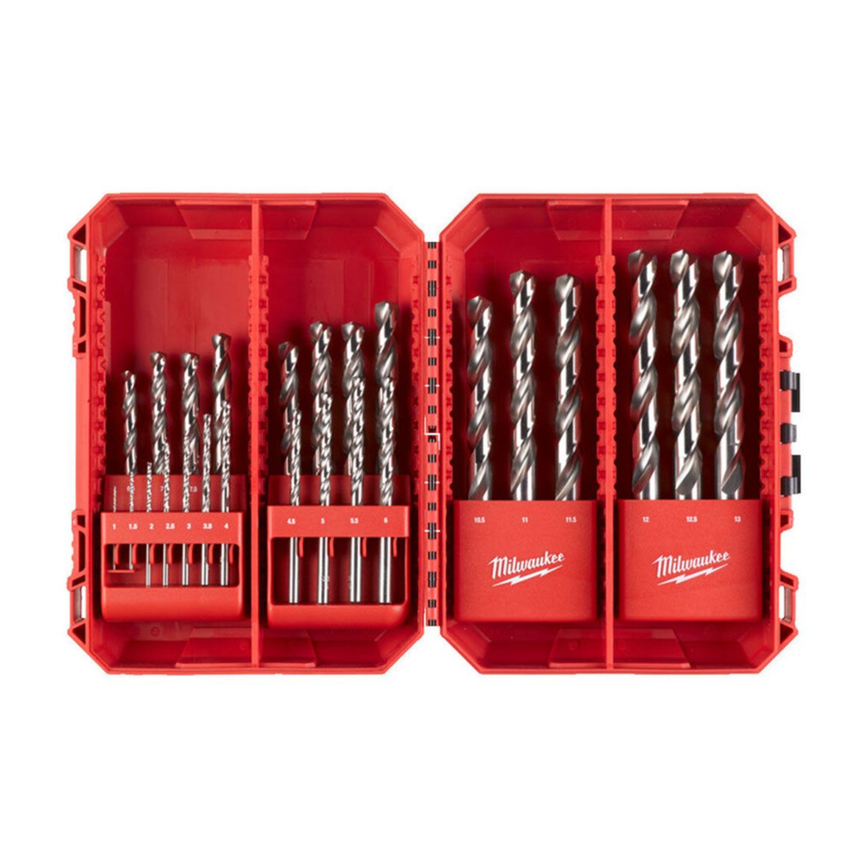 Set of drill bits in a red Milwaukee tool case on a white background