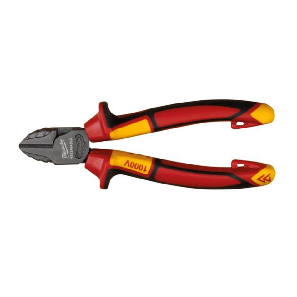 Pair of pliers with red and black handles on a white background