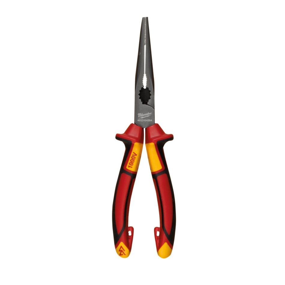 Pair of pliers with red and yellow handles on a white background