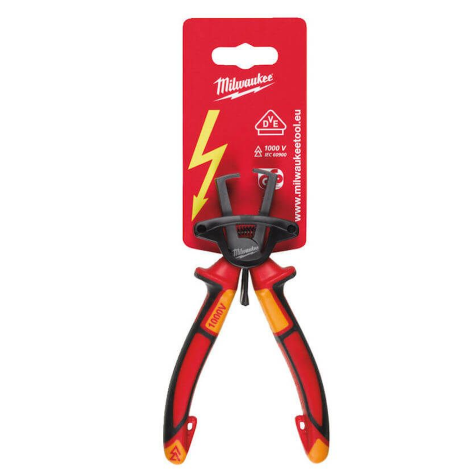 Milwaukee pliers on a red packaging with a lightning bolt symbol