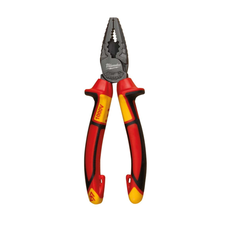 Pair of red and black pliers with a visible brand logo on a white background