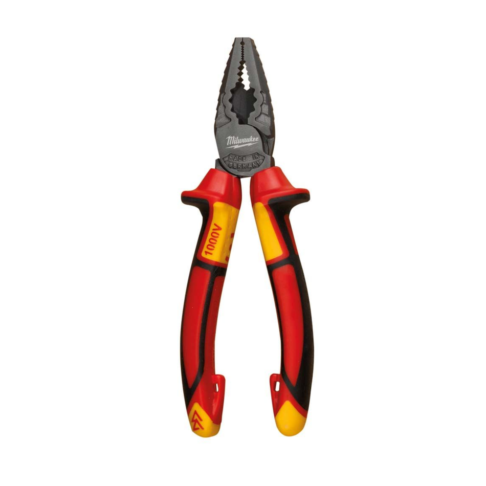 Pair of red and black pliers with a visible brand logo on a white background