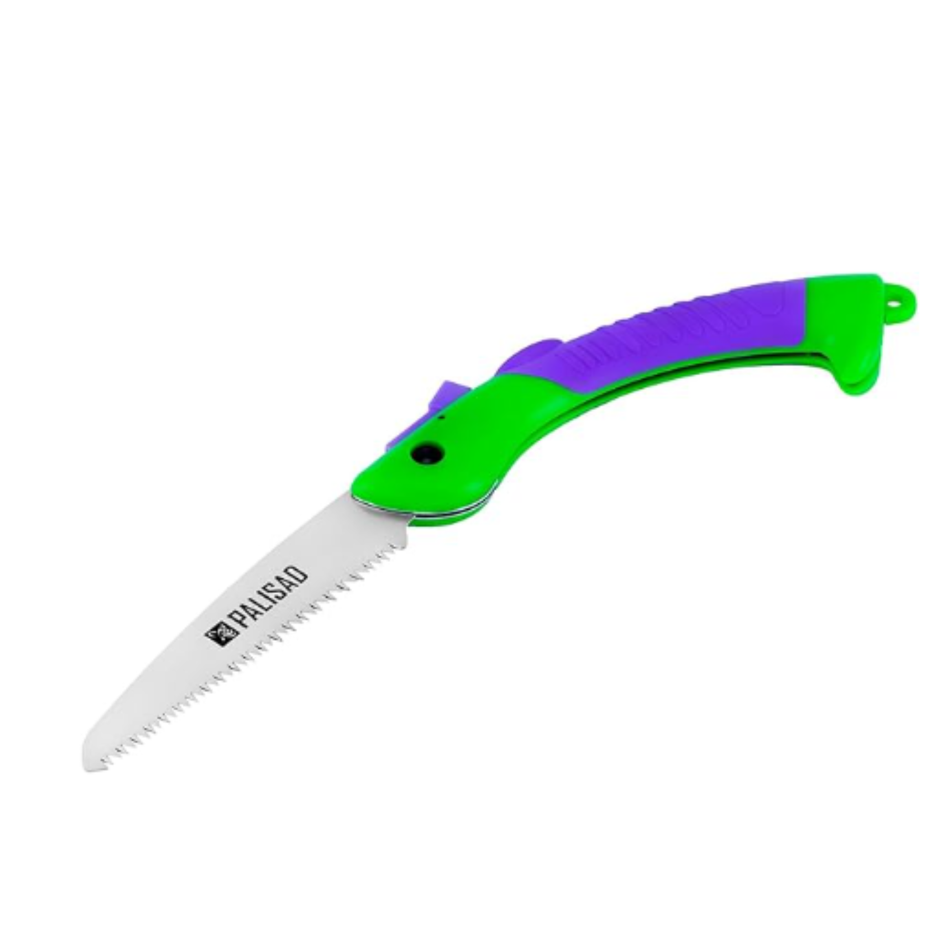 Green and purple folding saw with 'Palisad' branding on a white background