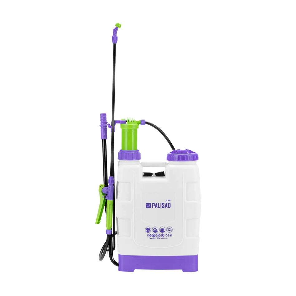 PALISAD Knapsack Sprayer 12L 647848 with pump hose and spray nozzle for gardening, plant care, and agricultural spraying applications.