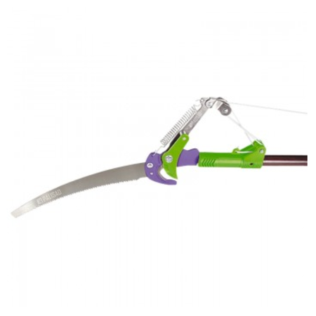 Gardening tool with green handle and silver blade on a white background