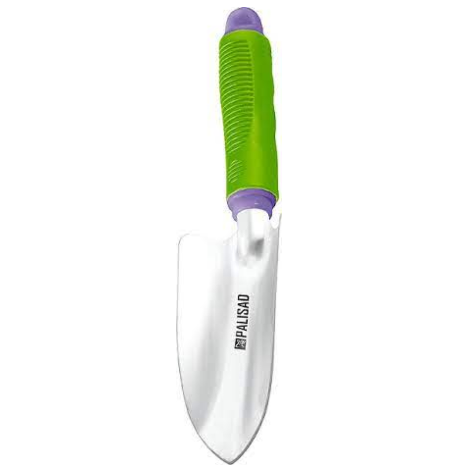 Gardening trowel with green and purple handle on a white background
