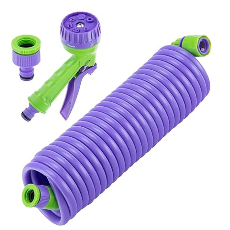 PALISAD Spiral Hose 7.5M x 10mm 674128 with plastic fittings, adaptor, and sprinkler for garden watering and maintenance applications.