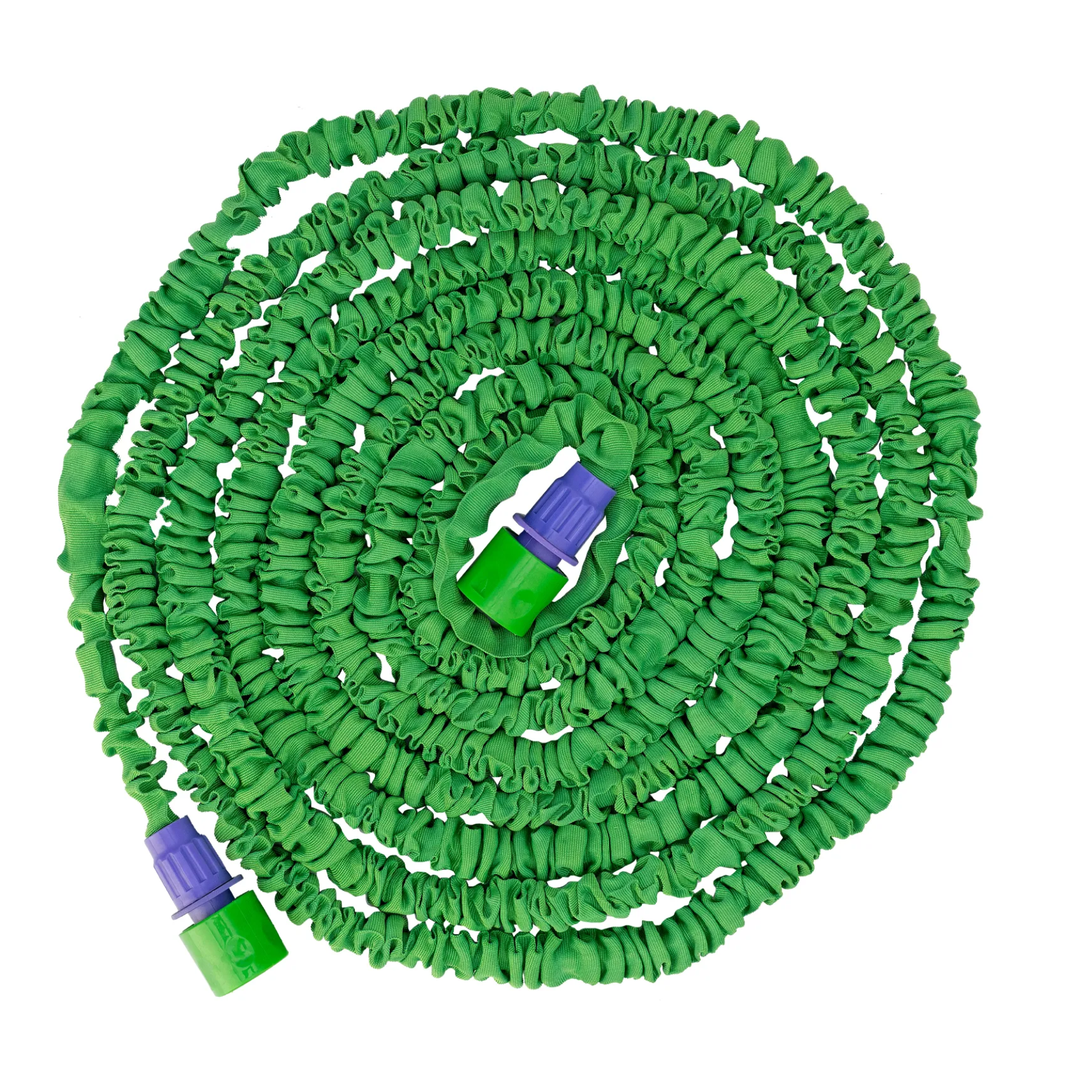 Green expandable garden hose with purple connectors on a white background