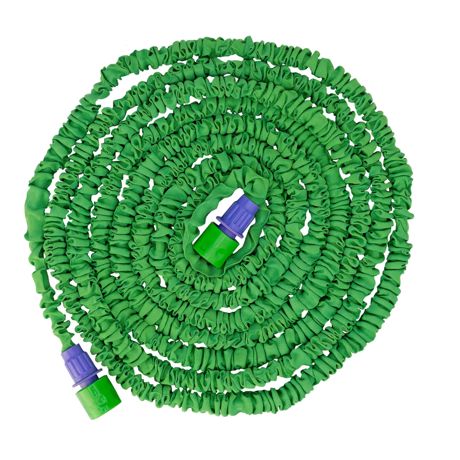 Green expandable garden hose with purple connectors on a white background