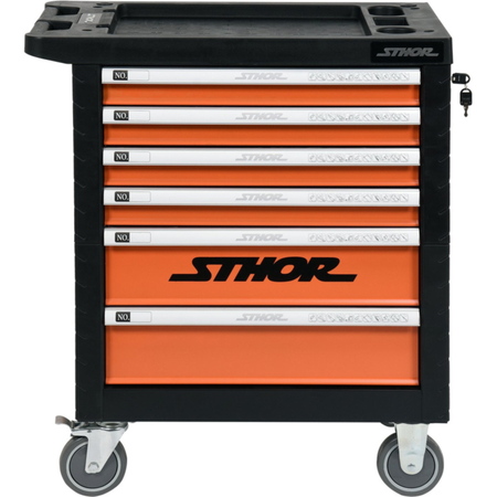 Tool chest with orange drawers and black top, featuring the Sthor brand.