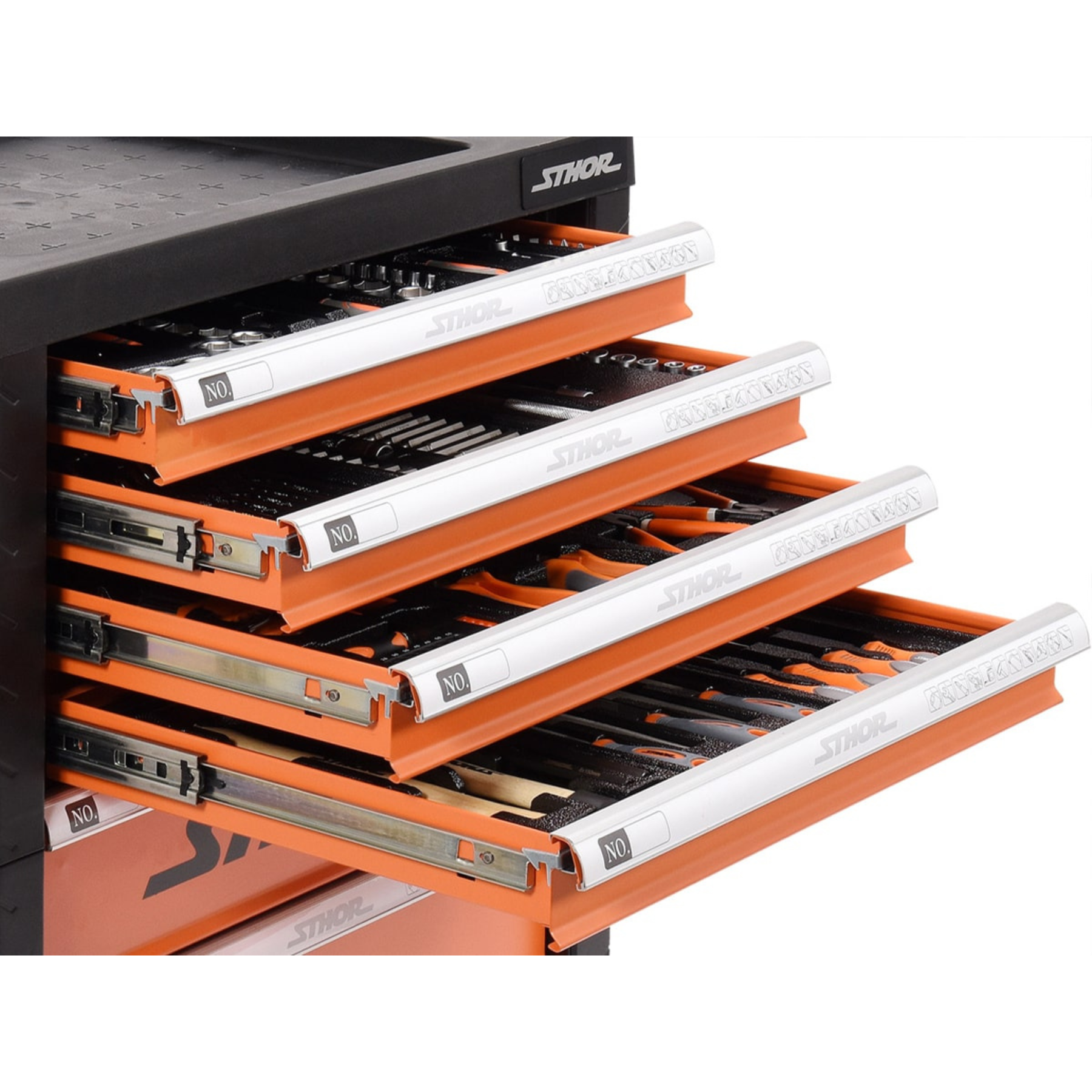 Orange and black tool chest with open drawers displaying tools on a white background