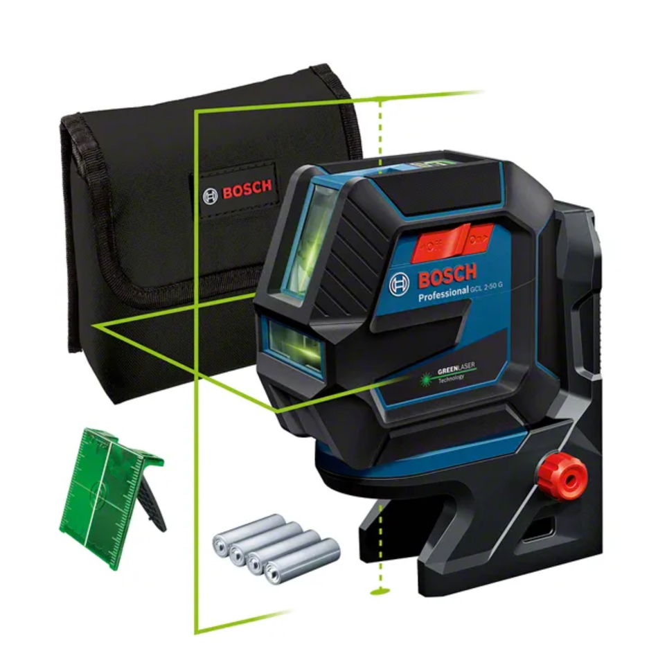 Bosch laser level with carrying case and accessories on a white background