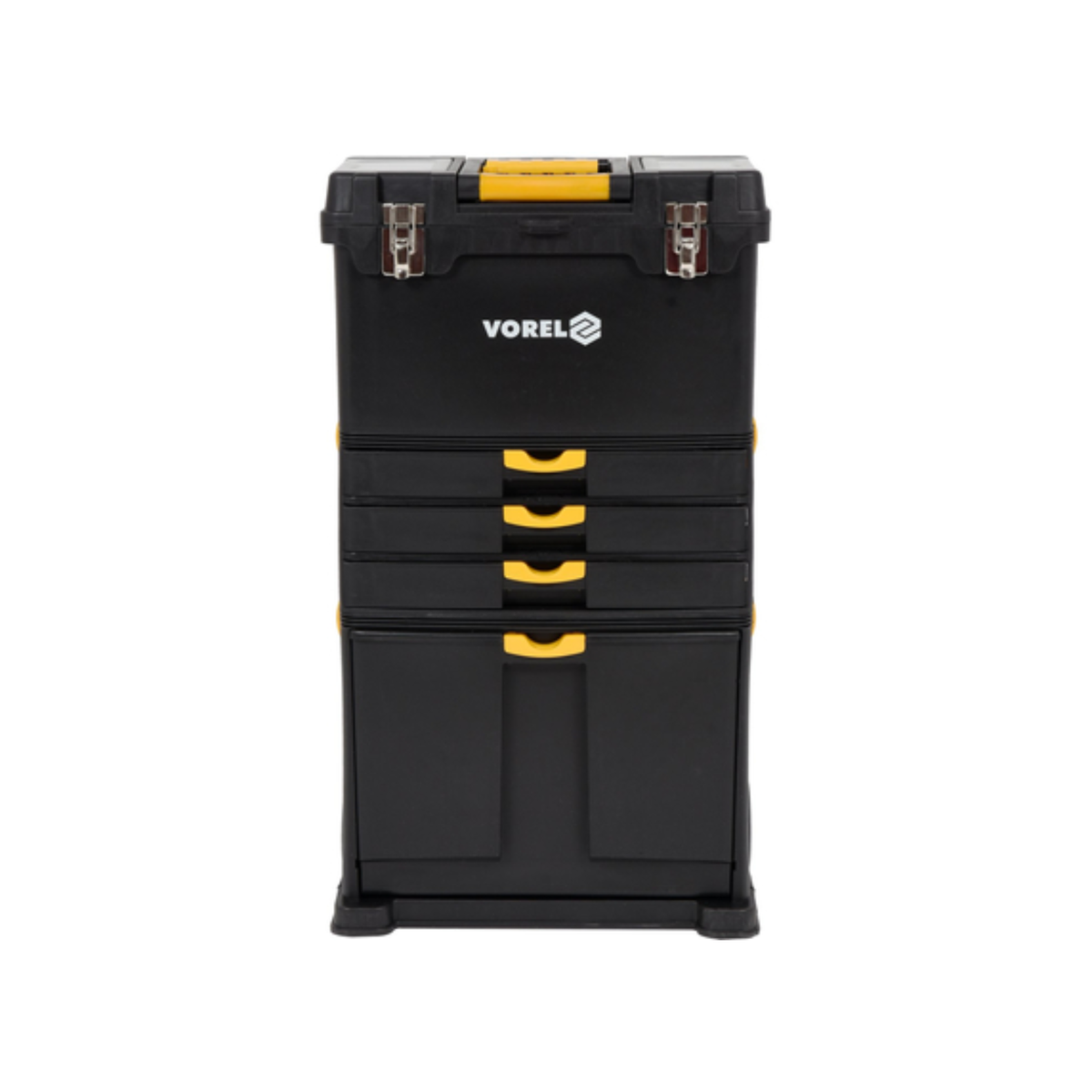 Black tool chest with yellow handles and Vorel logo on a white background