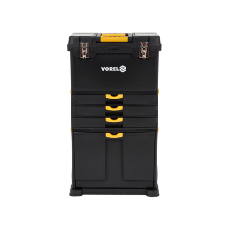 Black tool chest with yellow handles and Vorel logo on a white background
