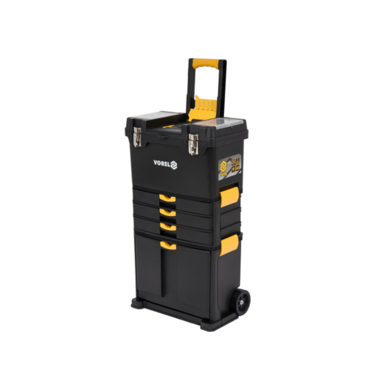 Black and yellow tool cart with multiple drawers on a white background