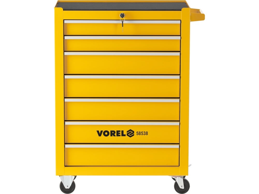 Yellow tool cart with multiple drawers and Vorel branding on a white background