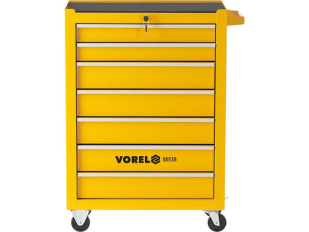 Yellow tool cart with multiple drawers and Vorel branding on a white background