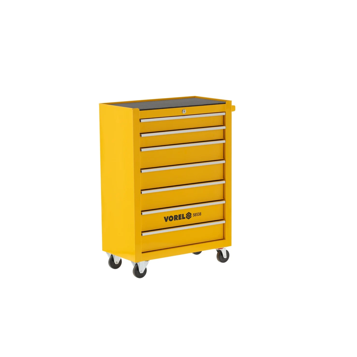 Yellow tool cabinet with multiple drawers on a white background, featuring the Vorel brand.