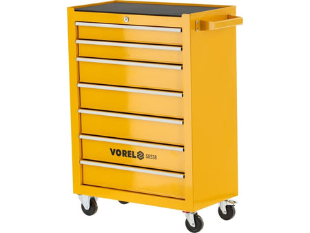 Yellow tool cart with multiple drawers and Vorel branding on a white background