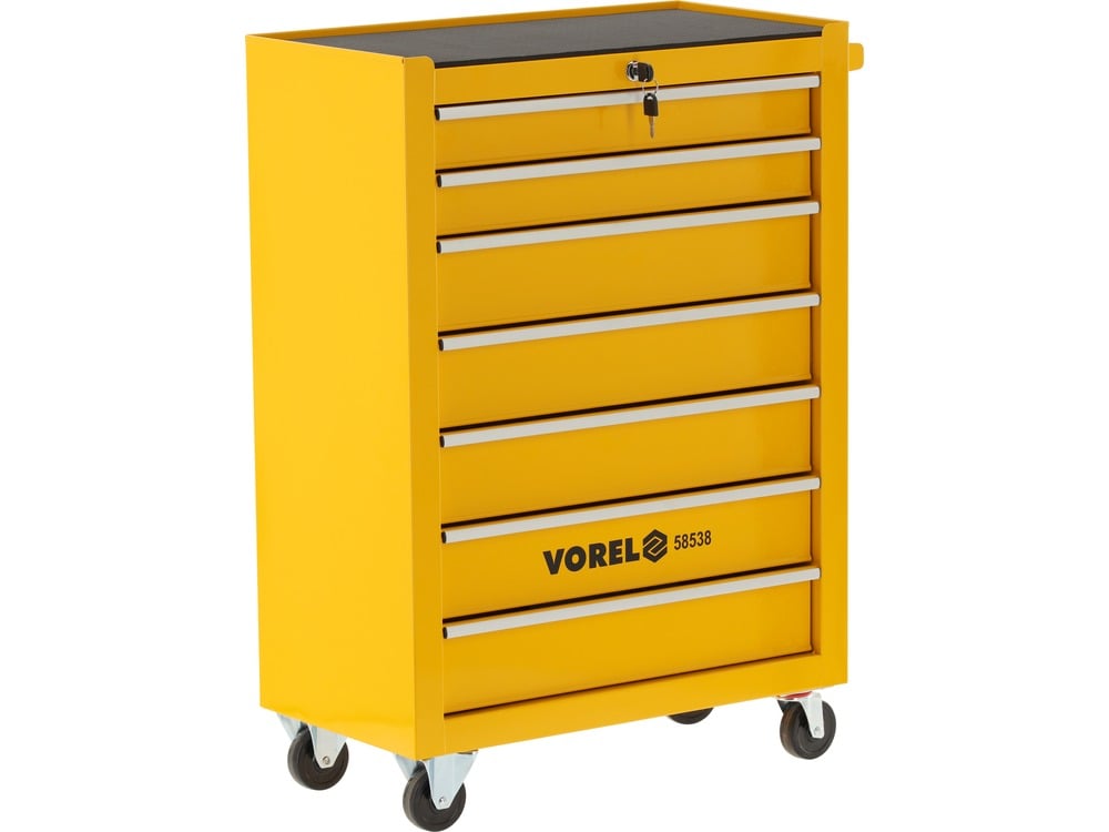 Yellow tool cabinet with multiple drawers and Vorel branding on a white background