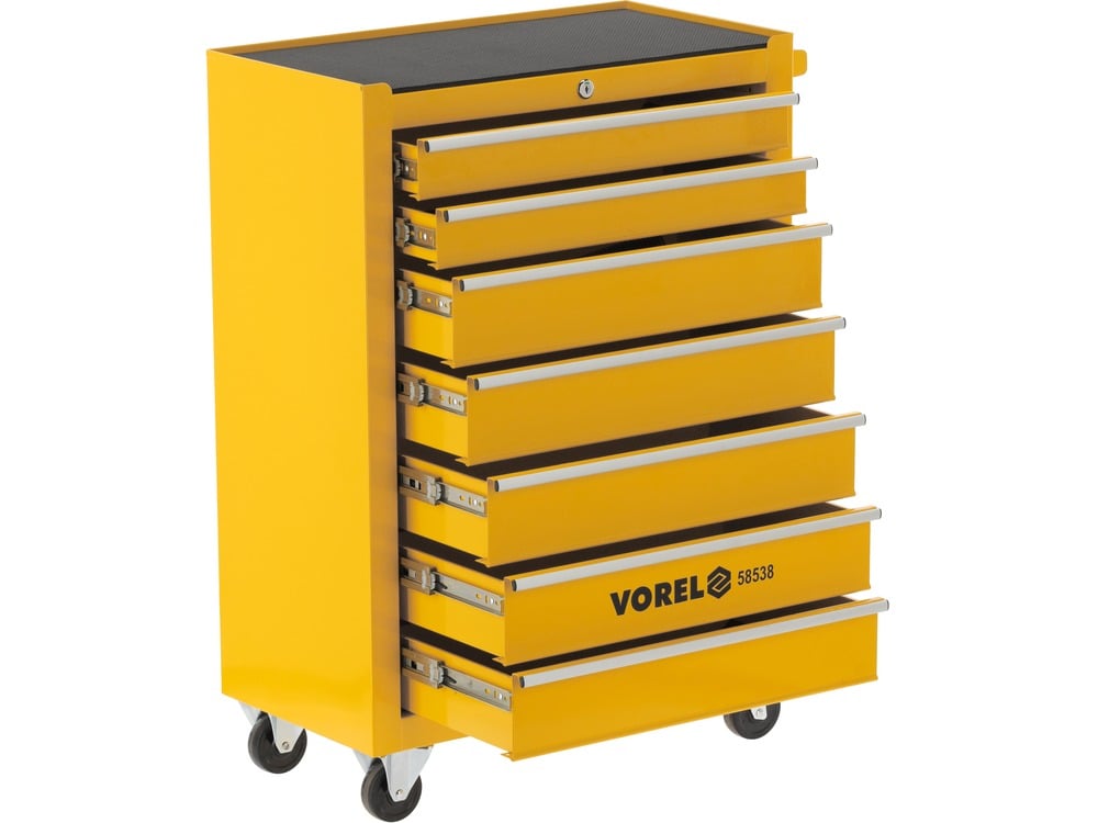 Yellow tool chest with multiple drawers on a white background