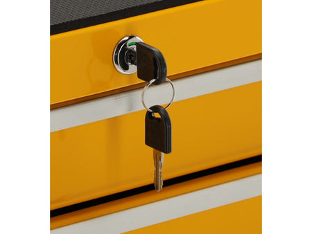Yellow metal box with a lock and key on a white background