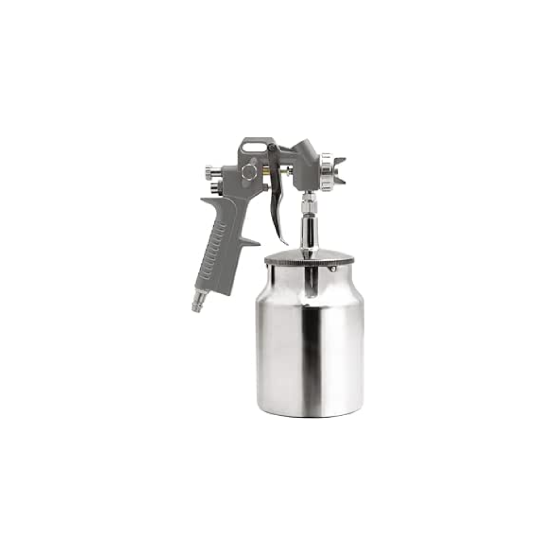 Spray gun with a silver canister on a white background